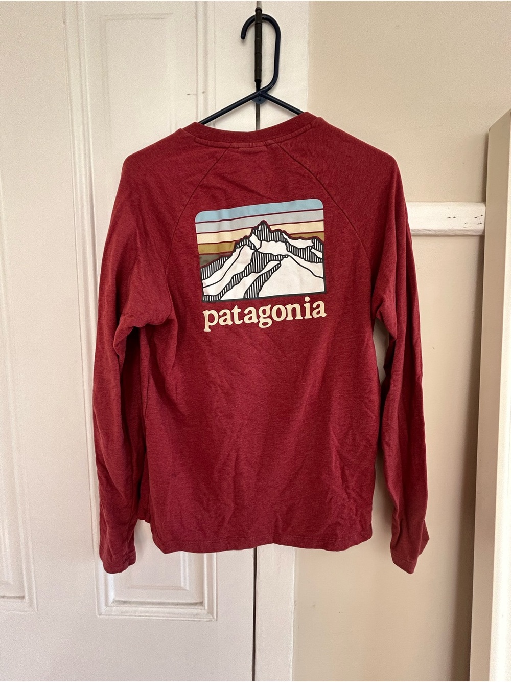 Patagonia Women's Crewneck Sweater in Burgundy with Mountain Graphic